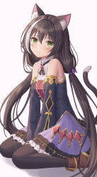 Rule 34 | 1girl, animal ear fluff, animal ears, black hair, black thighhighs, blush, breasts, brooch, brown footwear, cat ears, cat tail, closed mouth, commentary, detached sleeves, frilled skirt, frills, garter straps, gold trim, green eyes, hair between eyes, highres, jewelry, karyl (princess connect!), long hair, long sleeves, looking at viewer, low twintails, multicolored hair, petticoat, princess connect!, purple skirt, seungju lee, shirt, simple background, sitting, skirt, sleeveless, sleeveless shirt, solo, streaked hair, tail, tearing up, thighhighs, twintails, very long hair