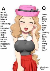 Rule 34 | 1girl, ^ ^, alternate breast size, bare shoulders, black bow, black shirt, blush, bow, breasts, closed eyes, creatures (company), game freak, gouguru, hat, hat bow, long hair, low-tied long hair, medium breasts, nintendo, open mouth, pink hat, pleated skirt, pokemon, porkpie hat, red skirt, serena (pokemon), shirt, simple background, skirt, sleeveless, sleeveless shirt, smile, solo, standing, translated, upper body, white background