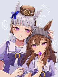Rule 34 | ..., 2girls, puff of air, ?, animal ears, beanie, bow, bowtie, breasts, candy, closed mouth, eyebrows visible through ear, food, gold ship (umamusume), grey hair, hand on another&#039;s head, hat, highres, holding, holding candy, holding food, holding lollipop, horse ears, lollipop, long hair, looking at another, medium breasts, multiple girls, nakayama festa (umamusume), oage (su4i7ri u), open mouth, puffy sleeves, purple eyes, purple shirt, sailor collar, school uniform, shirt, shirt tug, spoken ellipsis, spoken question mark, tracen school uniform, umamusume, upper body