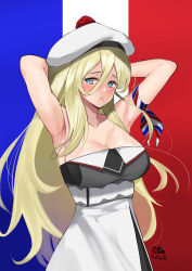 Rule 34 | 1girl, absurdres, armband, armpits, arms behind head, artist name, beret, blonde hair, blue eyes, breasts, c-da, cleavage, commentary request, cowboy shot, dated, dress, flag background, french flag, hair between eyes, hat, highres, kantai collection, large breasts, long hair, looking at viewer, mole, mole under eye, mole under mouth, pom pom (clothes), richelieu (kancolle), solo, strapless, strapless dress, two-tone dress, white hat