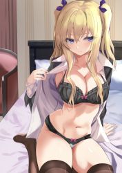 Rule 34 | 1girl, black bra, black panties, black thighhighs, blonde hair, blue eyes, bow, bow bra, bow panties, bra, breasts, cleavage, closed mouth, collarbone, commentary, hair between eyes, indoors, kesoshirou, large breasts, light smile, lingerie, long hair, navel, on bed, original, panties, revision, sidelocks, sitting, solo, stomach, thighhighs, thighs, two side up, underwear, undressing, wariza