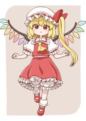 Rule 34 | 1girl, ascot, blonde hair, bloomers, blush, bobby socks, bow, collar, collared shirt, commentary, crystal, flandre scarlet, frilled collar, frilled shirt, frilled shirt collar, frilled skirt, frilled sleeves, frills, full body, hat, hat bow, hat ribbon, looking at viewer, mary janes, mob cap, petticoat, poronegi, puffy short sleeves, puffy sleeves, red bow, red eyes, red ribbon, red skirt, red vest, ribbon, shirt, shoes, short hair, short sleeves, side ponytail, skirt, skirt set, smile, socks, solo, standing, standing on one leg, touhou, underwear, vest, white hat, white shirt, wings, yellow ascot