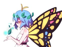 Rule 34 | 1girl, alternate costume, antennae, aqua hair, bing zizi, butterfly wings, closed mouth, dress, eternity larva, fairy, from side, hair between eyes, highres, insect wings, leaf, leaf on head, short hair, simple background, sleeveless, sleeveless dress, smile, solo, touhou, upper body, white background, white dress, wings, yellow eyes