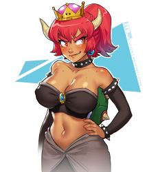 Rule 34 | 1girl, absurdres, alternate color, bare shoulders, black skirt, bowsette, bracelet, breasts, brooch, bustier, cleavage, collar, collarbone, commentary, crown, dark-skinned female, dark skin, detached sleeves, english commentary, fang, hand on own hip, highres, horns, jewelry, large breasts, lips, mario (series), midriff, mleth, mole, navel, new super mario bros. u deluxe, nintendo, pointy ears, ponytail, red eyes, red hair, skirt, smirk, solo, spiked bracelet, spiked collar, spikes, standing, super crown, thick eyebrows, toned, turtle shell, watermark, web address