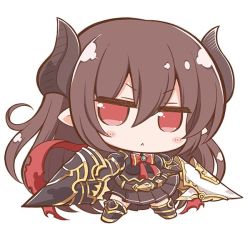 Rule 34 | &gt;:&lt;, 10s, 1girl, :&lt;, armor, belt, black footwear, boots, breasts, brooch, brown belt, brown dress, brown hair, brown skirt, chibi, closed mouth, collar, draph, dress, dual wielding, forte (shingeki no bahamut), full body, granblue fantasy, hair between eyes, holding, holding polearm, holding spear, holding weapon, horns, jewelry, jitome, lance, legs apart, long hair, looking at viewer, medium breasts, neck ribbon, nejikirio, pauldrons, pleated dress, polearm, red eyes, red ribbon, ribbon, shingeki no bahamut, shoulder armor, simple background, skirt, solo, spear, standing, v-shaped eyebrows, weapon, white background