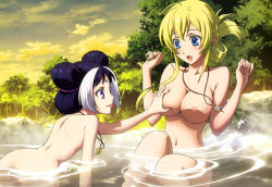 Rule 34 | 10s, 2girls, :o, :p, absurdres, ahoge, alternate hairstyle, ass, back, bare back, bare shoulders, bathing, bent over, black hair, blonde hair, blue eyes, blue hair, blush, braid, breasts, cleavage, cloud, collarbone, facial mark, female focus, flat chest, folded ponytail, forehead mark, from side, grabbing, grabbing another&#039;s breast, hair up, highres, himiko (nobunaga the fool), jeanne kaguya d&#039;arc, jewelry, large breasts, long hair, looking down, megami magazine, multicolored hair, multiple girls, nagasaku tomokatsu, nature, naughty face, navel, necklace, nipples, nobunaga the fool, nude, nude filter, onsen, open mouth, outdoors, partially submerged, pendant, profile, purple eyes, ripples, same-sex bathing, scan, shared bathing, side braid, sidelocks, sitting, sky, spa, steam, surprised, surprised arms, third-party edit, tongue, tongue out, tree, two-tone hair, water, white hair, yuri