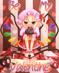 Rule 34 | 1girl, blouse, brown background, candy, checkered background, chocolate, chocolate heart, english text, female focus, flandre scarlet, food, hat, heart, mob cap, mouth hold, pink shirt, shirt, similar, solo, tilm, touhou, valentine, wings