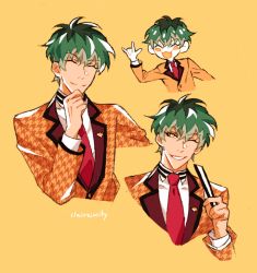 Rule 34 | 1boy, artist name, chibi, claireiosity, closed mouth, collared shirt, expressions, eyebrows, closed eyes, formal, green hair, hypnosis mic, insignia, jacket, light green hair, long sleeves, male focus, multicolored hair, necktie, nurude sasara, one eye closed, orange jacket, orange suit, pale skin, red necktie, shirt, sleeves past elbows, smile, solo, solo focus, suit, twitter username, two-tone hair, v, watermark, white shirt, wink, yellow background, yellow eyes