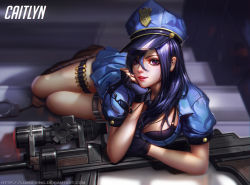 Rule 34 | 1girl, alternate costume, blue hair, boots, bra, breasts, caitlyn (league of legends), character name, glasses, gloves, gun, hat, huge breasts, league of legends, liang xing, long hair, looking at viewer, officer caitlyn, police, police uniform, realistic, rifle, sniper rifle, solo, underwear, uniform, watermark, weapon, web address