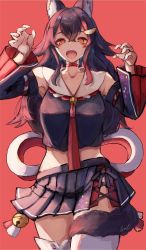 Rule 34 | 1girl, animal ears, bell, black hair, choker, claw pose, cowboy shot, detached sleeves, hair ornament, hairclip, highres, hololive, inre kemomimi, miniskirt, multicolored hair, ookami mio, ookami mio (1st costume), red background, sailor collar, side slit, signature, simple background, skirt, solo, streaked hair, tail, tail wrap, virtual youtuber, wolf ears, wolf girl, wolf tail, yellow eyes