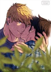 Rule 34 | 2boys, animification, artist name, back, black hair, blonde hair, blue eyes, blue shirt, closed eyes, couple, cris art, earrings, facial hair, hair over one eye, hand on another&#039;s head, hand on another&#039;s shoulder, hulkling, jewelry, kiss, looking at viewer, male focus, marvel, multiple boys, one eye covered, patreon username, plaid, plaid shirt, shirt, short hair, sideburns, sideburns stubble, stubble, upper body, white background, wiccan, yaoi
