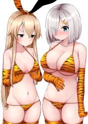 Rule 34 | 2girls, absurdres, animal ears, animal print, bikini, blonde hair, blue eyes, blush, breast envy, breasts, cleavage, elbow gloves, eyes visible through hair, fake animal ears, gloves, grey eyes, hair ornament, hairclip, hamakaze (kancolle), hand on own stomach, hands on own chest, highres, kantai collection, large breasts, long hair, multiple girls, orange bikini, shimakaze (kancolle), short hair, silver hair, small breasts, string bikini, swimsuit, thighhighs, tiemu (man190), tiger print