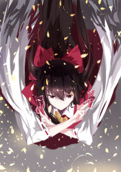 Rule 34 | 1girl, ascot, between fingers, black hair, bow, detached sleeves, from above, gradient background, hair bow, hair tubes, hakurei reimu, highres, holding, light, long hair, long sleeves, looking ahead, no mouth, petals, red eyes, red skirt, ribbon-trimmed sleeves, ribbon trim, serious, skirt, sleeveless, solo, talismans, touhou, wide sleeves, wind, ziran juan