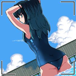 Rule 34 | 1boy, arms up, ass, black hair, blue eyes, blue hair, blue sky, cloud, commentary request, crossdressing, from behind, holding, holding own hair, kimetsu no yaiba, kingbawoon, long hair, male focus, one-piece swimsuit, partial commentary, pool, sky, solo, swimsuit, tokitou muichirou, trap, water