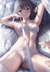 Rule 34 | 1girl, arm behind head, armpits, bare arms, black hair, blue eyes, blush, bra, breasts, closed mouth, commentary, garter belt, highres, holding, holding leash, large breasts, leash, leash pull, lingerie, long hair, looking at viewer, lying, mhru, navel, on back, on bed, original, panties, pillow, pov, pov hands, solo focus, stomach, sweat, symbol-only commentary, thighhighs, underwear, underwear only, viewer on leash, white bra, white panties, white thighhighs