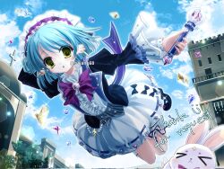 Rule 34 | &gt; &lt;, 1girl, arm up, black footwear, black jacket, blue hair, blue ribbon, bow, bowtie, brooch, building, cloud, commission, crystal, day, dress, earrings, frilled hairband, frills, full body, hair bun, hairband, hajang68, highres, holding, holding wand, jacket, jewelry, lens flare, long sleeves, looking at viewer, open clothes, open jacket, original, outdoors, parted lips, purple bow, purple bowtie, rabbit, ribbon, ribbon-trimmed dress, shoes, solo, twitter username, wand, watermark, white dress, yellow eyes