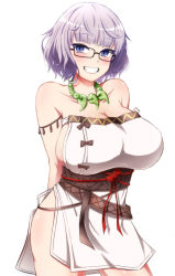 Rule 34 | 1girl, arms behind back, bare shoulders, blue eyes, breasts, cosplay, fate/grand order, fate (series), glasses, grey hair, grin, highres, himiko (fate), himiko (fate) (cosplay), huge breasts, jacques de molay (foreigner) (fate), magatama, magatama necklace, necklace, short hair, sideboob, smile, sotomichi, white background