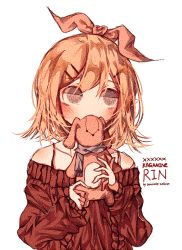 Rule 34 | 1girl, artist name, bad id, bad pixiv id, baggy clothes, blonde hair, blush, bow, collarbone, grey eyes, hair bow, hair ornament, hair ribbon, hairclip, half-closed eyes, highres, kagamine rin, looking away, mimusops zeyheri, rabbit, ribbed sweater, ribbon, scarf, short hair, simple background, strap, stuffed animal, stuffed rabbit, stuffed toy, sweater, vocaloid, white background