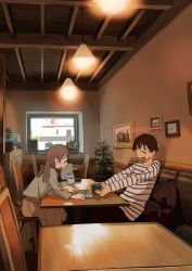Rule 34 | 1boy, 1girl, :d, = =, artist request, brown hair, cafeteria, chair, cup, from side, highres, long sleeves, looking at another, messy hair, open mouth, original, painting (action), picture frame, plant, pleated skirt, potted plant, reading, restaurant, shirt, sitting, skirt, smile, striped clothes, striped shirt, table, window