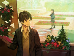 Rule 34 | 1boy, 1girl, bag, black hair, blazer, book, brown eyes, courtyard, flower, fountain, highres, holding, holding book, jacket, kneehighs, kururi, light particles, light rays, loafers, long hair, looking at another, looking back, looking to the side, notebook, original, outdoors, plant, potted plant, puddle, school bag, school uniform, shoes, short hair, smile, socks, sweater, v-neck, walking