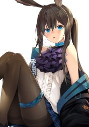 Rule 34 | 1girl, amiya (arknights), animal ears, arknights, bare shoulders, black footwear, black jacket, blue eyes, blue skirt, blush, brown hair, brown pantyhose, center frills, commentary, english commentary, feet out of frame, frills, hair between eyes, highres, jacket, jun project, knees up, loafers, long hair, looking at viewer, off shoulder, open clothes, open jacket, pantyhose, parted lips, plaid, plaid skirt, pleated skirt, ponytail, rabbit ears, shirt, shoes, sidelocks, skirt, sleeveless, sleeveless shirt, solo, thighband pantyhose, transparent background, very long hair, white shirt
