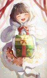 Rule 34 | 1girl, bell, black hair, blush, box, capelet, commentary, facing viewer, gift, gift box, gloves, holding, holding gift, kantai collection, mittens, official alternate costume, open mouth, ranran 3939, short hair with long locks, sidelocks, smile, solo, ukuru (kancolle), white capelet, white gloves, white mittens