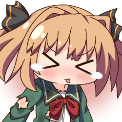 Rule 34 | &gt; &lt;, 1girl, black ribbon, blush, bow, brown hair, closed eyes, closed mouth, collarbone, collared shirt, commentary request, facing viewer, green jacket, hachijou (kancolle), hair intakes, hair ribbon, hana kazari, jacket, kantai collection, red bow, ribbon, shirt, solo, tears, tongue, tongue out, torn clothes, torn jacket, two side up, upper body, v-shaped eyebrows, white background, white shirt