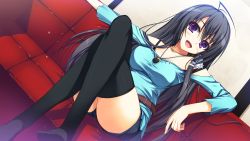 Rule 34 | 1girl, black hair, black thighhighs, female focus, highres, long hair, looking at viewer, mizuno rin, open mouth, purple eyes, reminiscence, smile, solo, straight hair, thighhighs