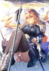 Rule 34 | 1girl, absurdres, armor, blonde hair, blurry, blurry background, braid, breasts, bubble, commentary request, fate/grand order, fate (series), faulds, gauntlets, headpiece, highres, jeanne d&#039;arc (fate), jeanne d&#039;arc (ruler) (fate), large breasts, long braid, neko-hime (neko-hime), new year, plackart, purple eyes, solo, standard bearer, thighhighs, underwater