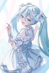Rule 34 | 1girl, absurdres, aqua eyes, aqua hair, bare shoulders, dress, hatsune miku, highres, looking at viewer, open mouth, ribbon, smile, solo, vocaloid, vs0mr, white dress