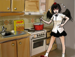 Rule 34 | 1girl, 4chan, black wings, cooking, female focus, food, hand on own hip, hat, hip focus, japanese bird cooking spaghetti, kitchen, looking at viewer, meme, non-web source, open mouth, parody, pasta, pot, shameimaru aya, sketch, smile, solo, tokin hat, touhou, wings