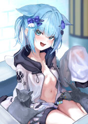 1girl absurdres animal_ears blue_eyes blue_hair blush bow breasts cat cat_ears cat_girl commentary_request extra_ears fang gisi_(gicgic_draw) grey_cat hair_bow hair_ornament hand_up highres hood hood_down hooded_jacket indie_virtual_youtuber jacket kanzarin_(vtuber) looking_at_viewer naked_jacket navel open_mouth purple_bow short_hair sleeves_past_fingers sleeves_past_wrists small_breasts smile stomach teeth thighs two_side_up upper_teeth_only virtual_youtuber wing_hair_ornament