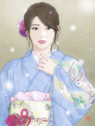 Rule 34 | 1girl, blue kimono, brown hair, flower, grey eyes, hair behind ear, hair flower, hair ornament, hand on own chest, highres, japanese clothes, kimono, kondo koji (kojikon), looking at viewer, obi, parted lips, pink flower, purple flower, real life, sash, sawa sumire, smile, snowing, solo, straight-on, upper body