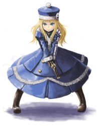 Rule 34 | 1girl, arm guards, armor, atlus, blonde hair, blue eyes, blue hat, blush, bobblehat, boots, brown footwear, buttons, coat, etrian odyssey, full body, gun, gunner (sekaiju), hat, holding, holding gun, holding weapon, hyuuga azuri, jack frost (megami tensei), legs apart, long sleeves, own hands together, shoulder pads, simple background, solo, standing, v arms, weapon, white background