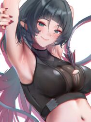 1girl animal_ears arm_up armpits artist_name black_hair black_shirt blush breasts chromatic_aberration closed_mouth commentary crop_top green_eyes highres jane_doe_(zenless_zone_zero) large_breasts looking_at_viewer mouse_ears mouse_girl mouse_tail nail_polish navel nyeppu presenting_armpit shirt simple_background smile solo stomach symbol-only_commentary tail torn_clothes torn_shirt upper_body white_background zenless_zone_zero