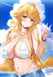 Rule 34 | 1girl, absurdres, animal, bare arms, bare shoulders, bikini, bird, blonde hair, breasts, chick, choker, cleavage, cloud, criss-cross halter, day, earrings, feathered wings, halterneck, hands up, hibiki (vtuber), highres, jewelry, large breasts, long hair, looking at viewer, low wings, meridian project, navel, necklace, open fly, oukafafafa, outdoors, parted lips, pointy ears, ponytail, red eyes, side-tie bikini bottom, solo, stomach, string bikini, swimsuit, upper body, v, virtual youtuber, wet, white bikini, white choker, wings