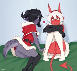 Rule 34 | 2girls, anus, anus peek, artist name, ass, belt, black gloves, black hair, black thighhighs, blush, capelet, cleft of venus, colored skin, commentary, demon girl, demon tail, dress, ear blush, elbow gloves, embarrassed, english commentary, fur-trimmed dress, fur trim, gloves, grey skin, hair between eyes, hair ornament, hair over one eye, hairband, hairclip, heart, highres, hood, hood down, hooded capelet, horns, knees to chest, li (rob ishi), looking at viewer, multiple girls, nelu (rob ishi), no panties, one eye covered, orange eyes, original, pointy ears, pussy, red capelet, red dress, red hairband, red skin, rob ishi, santa costume, sitting, skin-covered horns, smile, steam, tail, thighhighs, uncensored, wavy mouth, white hair, white thighhighs