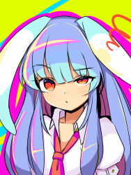Rule 34 | 1girl, animal ears, blue eyes, collared shirt, commentary request, harakune (mugennero), highres, long hair, loose necktie, necktie, one-hour drawing challenge, rabbit ears, raised eyebrow, red eyes, red necktie, reisen udongein inaba, shirt, solo, touhou, upper body, white shirt, yellow background
