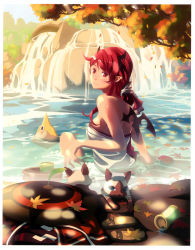 Rule 34 | 1girl, absurdres, bare shoulders, capcom, clothes, demon wings, felyne, highres, horns, leaf, long hair, looking back, monster hunter (series), monster hunter portable 3rd, onsen, partially submerged, red eyes, red hair, sandals, scan, sitting, smile, solo, steam, towel, vofan, wet, wings