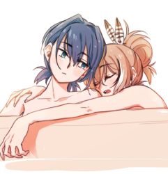Rule 34 | 2girls, bathing, bathtub, blue eyes, blue hair, brmameng, brown hair, closed eyes, completely nude, feather hair ornament, feathers, hair bun, hair intakes, hair ornament, hand on another&#039;s shoulder, hololive, hololive english, looking at another, multicolored hair, multiple girls, nanashi mumei, nude, ouro kronii, short hair, short twintails, single hair bun, streaked hair, talking, twintails, virtual youtuber, yuri