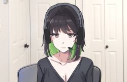 Rule 34 | 1girl, black hair, breasts, cleavage, colored inner hair, expressionless, headset, highres, linus tech tips, medium hair, meme, miru (ormille), mole, mole on breast, mole under eye, multicolored hair, original, ormille, photo background, solo, upper body
