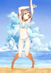 Rule 34 | 1girl, absurdres, armpits, arms up, bad id, bad pixiv id, barefoot, bikini, brown eyes, day, highres, jumping, multicolored hair, original, peconi, pekoni (peconi), short hair, solo, striped bikini, striped clothes, swimsuit, wardrobe malfunction