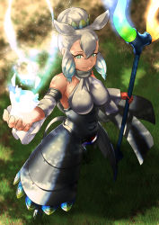Rule 34 | 1girl, absurdres, animal ears, armor, armored boots, armored dress, bare shoulders, blue eyes, blue hair, boots, breasts, closed mouth, crown, dappled sunlight, day, detached sleeves, empty eyes, energy, extra ears, full body, green eyes, grey hair, hair between eyes, hair bun, highres, holding, holding staff, kawanami eito, kemono friends, medium hair, multicolored eyes, multicolored hair, outdoors, paraceratherium (kemono friends), rhinoceros ears, sidelocks, single hair bun, smile, solo, staff, standing, sunlight, tail, two-tone hair