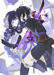 Rule 34 | 1boy, 1girl, absurdres, blood, blood splatter, bloody weapon, blue eyes, blue hair, blunt bangs, braid, from side, genshin impact, hair between eyes, hair ornament, hair ribbon, hand on another&#039;s head, hand on another&#039;s shoulder, highres, holding, holding sword, holding weapon, hug, japanese clothes, katana, long hair, looking at another, mitsudomoe (shape), mole, mole under eye, mother and son, nnikko, purple eyes, purple hair, purple nails, raiden shogun, ribbon, scaramouche (genshin impact), short hair, simple background, single braid, sword, tomoe (symbol), weapon, white background