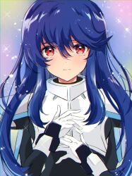 Rule 34 | 1girl, blue hair, crying, crying with eyes open, gundam, gundam seed, gundam seed freedom, hand on own chest, hato-as, highres, ingrid tradoll, long hair, normal suit, pilot suit, red eyes, science fiction, tears, upper body