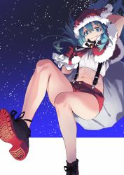 Rule 34 | 1girl, ankle boots, bell, blue eyes, blue hair, boots, capelet, closed mouth, fur-trimmed capelet, fur trim, hair ornament, hairclip, hat, hatsune miku, highres, jingle bell, looking at viewer, midriff, navel, neck bell, night, night sky, red capelet, red shorts, reiga (act000), sack, sanpaku, santa costume, santa hat, shirt, short shorts, shorts, sky, smile, solo, star (sky), starry sky, suspender shorts, suspenders, twintails, vocaloid, white shirt