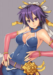 Rule 34 | 1girl, abs, bad id, bad pixiv id, bare shoulders, belt, breasts, bridal gauntlets, cleavage, earrings, female focus, fuurai no shiren, hair ornament, hands on own hips, jewelry, muscular, nagase haruhito, open m/, oryuu, purple eyes, purple hair, ribs, skin tight, solo