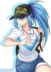 Rule 34 | alternate costume, backpack, bag, baseball cap, blue eyes, blue hair, blue shorts, camouflage, dog tags, earrings, hat, holding, holding bag, jewelry, leona heidern, low ponytail, shirt, shorts, signature, snk, solo, t-shirt, takejun, the king of fighters, watermark, web address