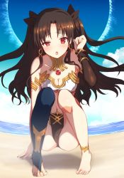 Rule 34 | 1girl, :o, anklet, armlet, asymmetrical legwear, asymmetrical sleeves, bad id, bad pixiv id, beach, between toes, black gloves, black hair, black panties, black ribbon, black sleeves, black thighhighs, blue sky, blush, breasts, bridal gauntlets, cleavage, collarbone, day, detached sleeves, earrings, elbow gloves, fate/grand order, fate (series), feet, full body, gloves, hair ribbon, hoop earrings, ishtar (fate), jewelry, long hair, looking at viewer, nachisuke (nachi comic), navel, neck ring, no shoes, ocean, outdoors, panties, parted bangs, red eyes, ribbon, sand, shadow, sidelocks, single detached sleeve, single thighhigh, sky, small breasts, solo, squatting, strapless, thighhighs, toeless legwear, toes, tohsaka rin, tube top, two side up, underwear, uneven legwear, uneven sleeves