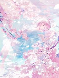 Rule 34 | 1girl, artist name, blue dress, branch, breasts, cherry blossoms, closed eyes, closed mouth, commission, dress, flower, hand on own stomach, highres, long hair, lying, medium breasts, off shoulder, on back, original, partially submerged, petals, pink flower, pink hair, sabaumako, smile, solo, twitter username, water, watermark